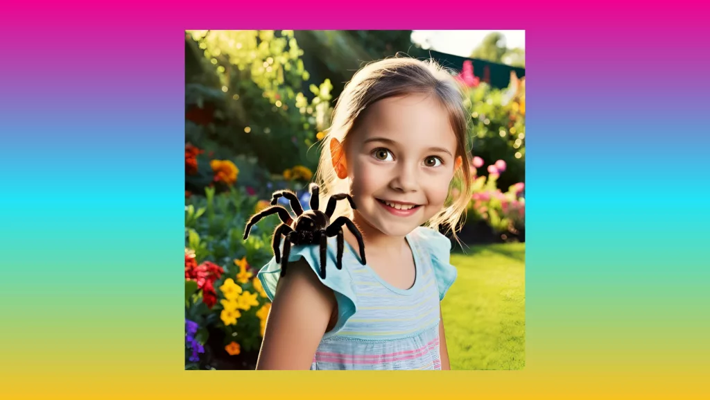 A little girl with her pet tarantula on her shoulder.