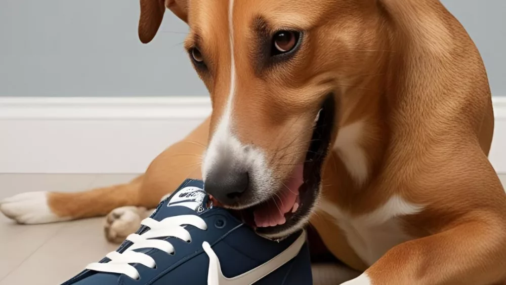 A guilty looking dog about to chew on a shoe.
