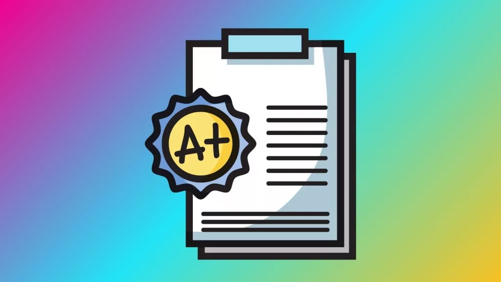 A report card on a colorful background.
