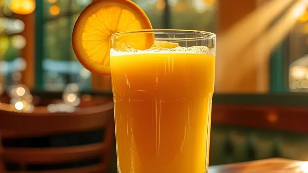A picture of a glass of orange juice on a table in a restaurant.