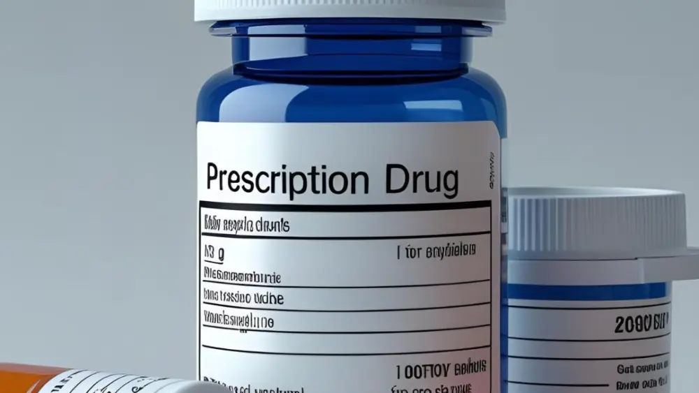 A prescription drug bottle with some pills around it.