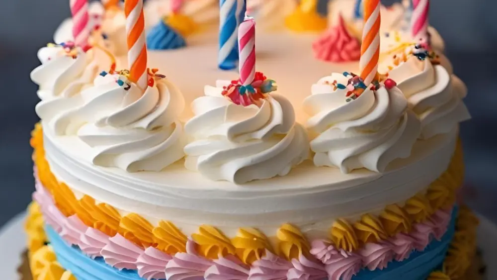 A colorful birthday cake with candles.