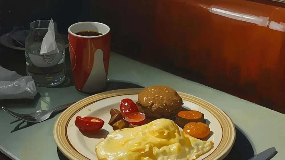 A nasty looking breakfast on a diner table.