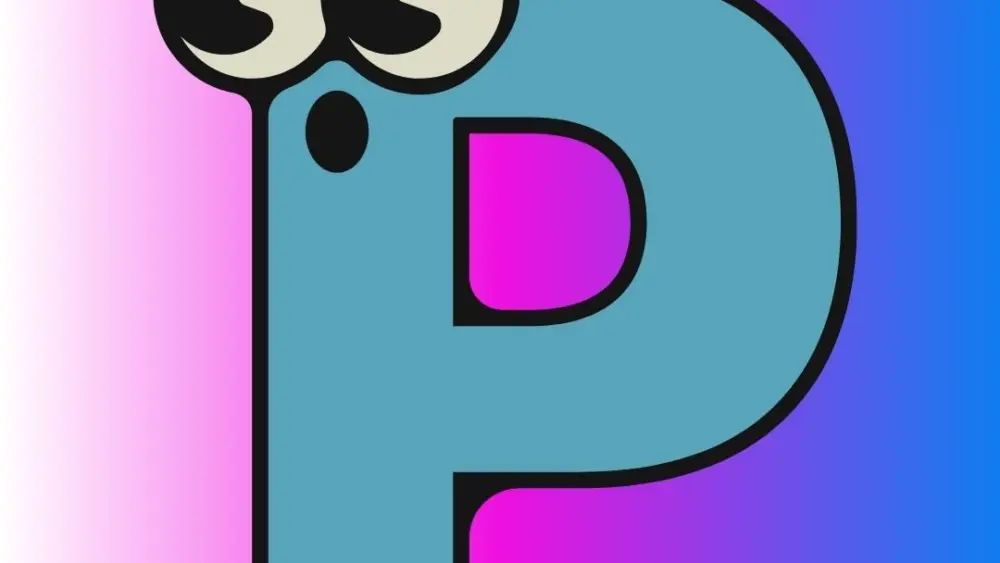 The letter "P" with eyes over a pink and blue background.