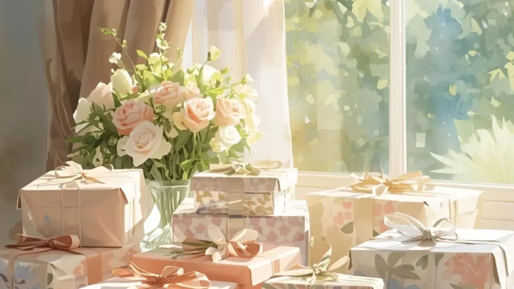 A pile of wedding gifts on a table.