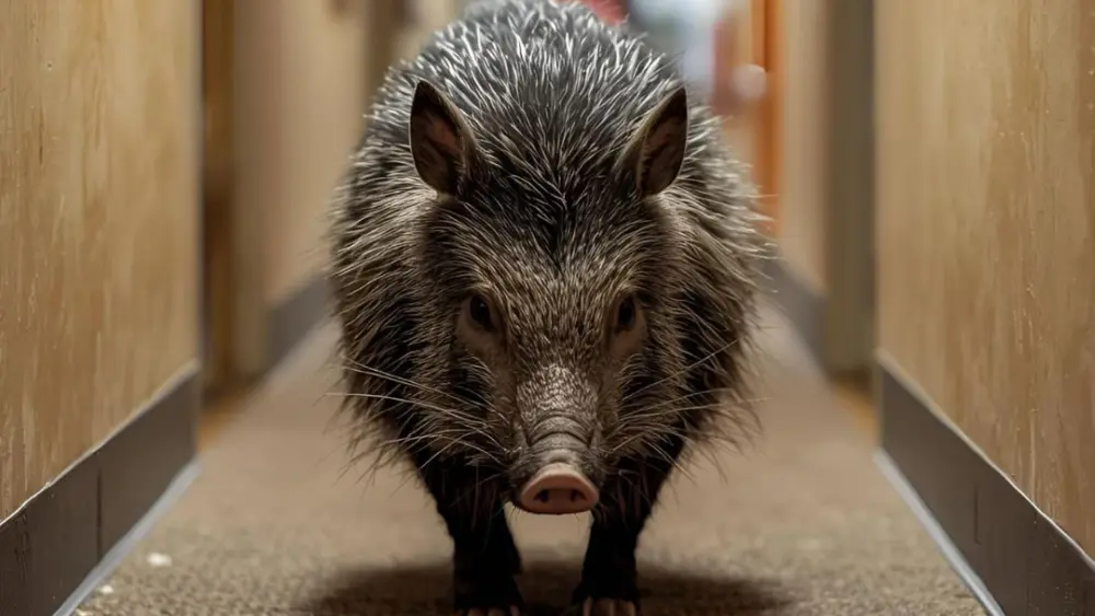 A javelina walking down the hallway of a house.