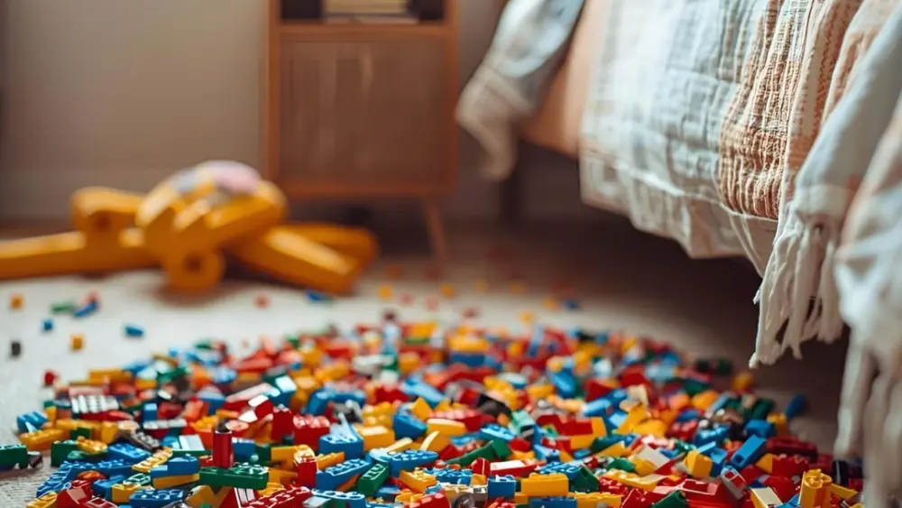 Legos on the floor of a bedroom.