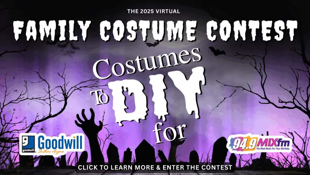 Promotional banner for the 2025 Virtual Family Costume Contest. The background features a spooky graveyard scene with purple fog, bare trees, bats, and zombie hands rising from the ground. The main text reads: "The 2025 Virtual Family Costume Contest – Costumes To DIY For." At the bottom are logos for Goodwill Southern Arizona and 94.9 MIXfm, along with the call to action: "Click to learn more & enter the contest.