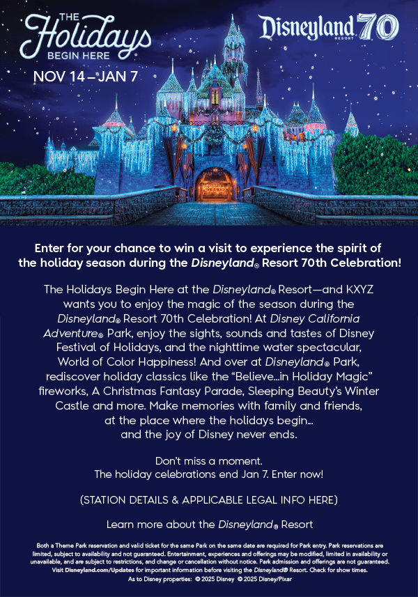 Sleeping Beauty’s Winter Castle shimmering with icicle lights and falling snow — The Holidays Begin Here at Disneyland Resort.