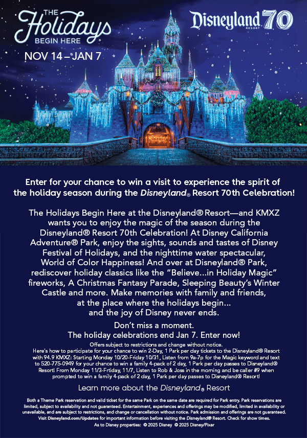 Sleeping Beauty’s Winter Castle shimmering with icicle lights and falling snow — The Holidays Begin Here at Disneyland Resort.