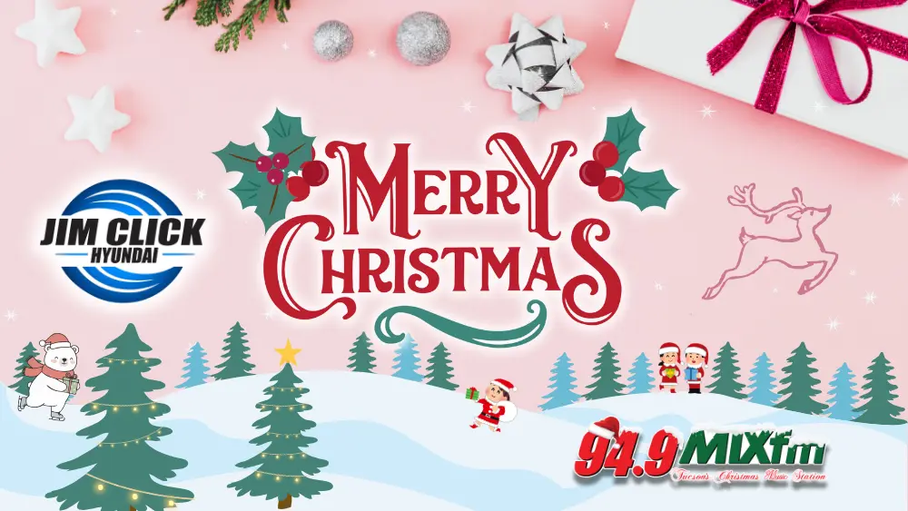 Festive Christmas graphic with a pink background decorated with stars, ornaments, and gift bows. The center features the text ‘Merry Christmas’ with holly accents. On the left is the Jim Click Hyundai logo, and along the bottom is a snowy winter scene with Christmas trees, Santa characters, and a polar bear. A reindeer outline appears on the right side. The 94.9 MIXfm logo is displayed in the bottom-right corner.