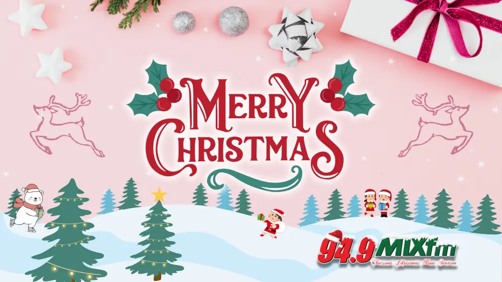 Festive Christmas graphic with a pink background featuring gift bows, ornaments, stars, and holly. Centered text reads ‘Merry Christmas’ in red decorative lettering with holly accents. Below, snowy hills, Christmas trees with lights, Santa, elves, and a polar bear with a present are illustrated. Two reindeer line-art figures appear on each side. The 94.9 MIXfm logo with a Santa hat is displayed in the bottom right corner.