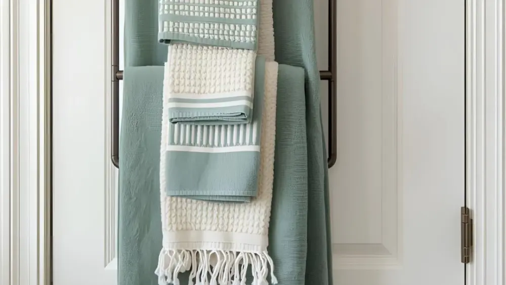 An over the door towel rack with blue towels.