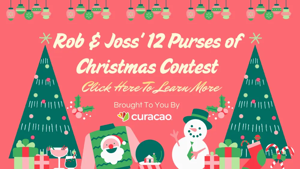 Festive holiday banner for Rob & Joss' 12 Purses of Christmas Contest featuring Christmas trees, ornaments, snowman, wrapped gifts, and Santa-themed shopping bags. Includes text promoting the contest and Curacao as the sponsor, with a bright red and green Christmas design