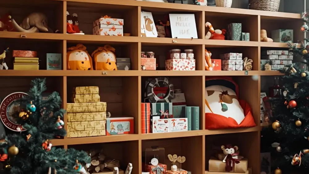 A shelf of Christmas items to be purchased.