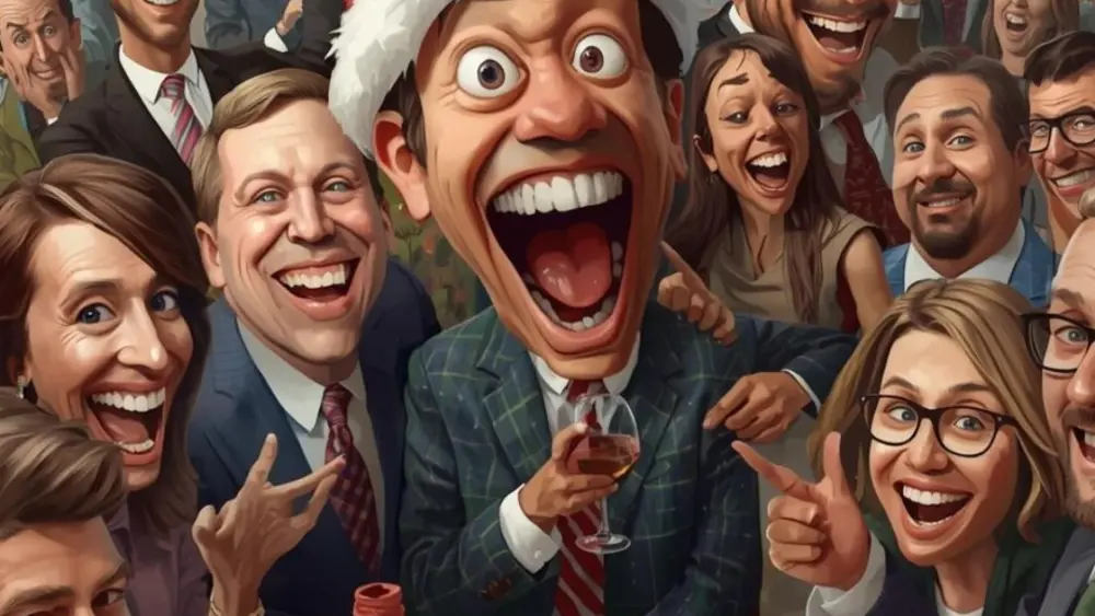 A funny guy in a Santa hat at a company party.