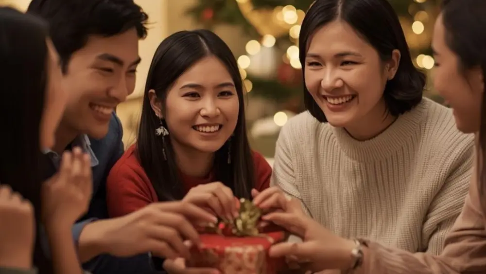 A happy family doing a gift exchange.
