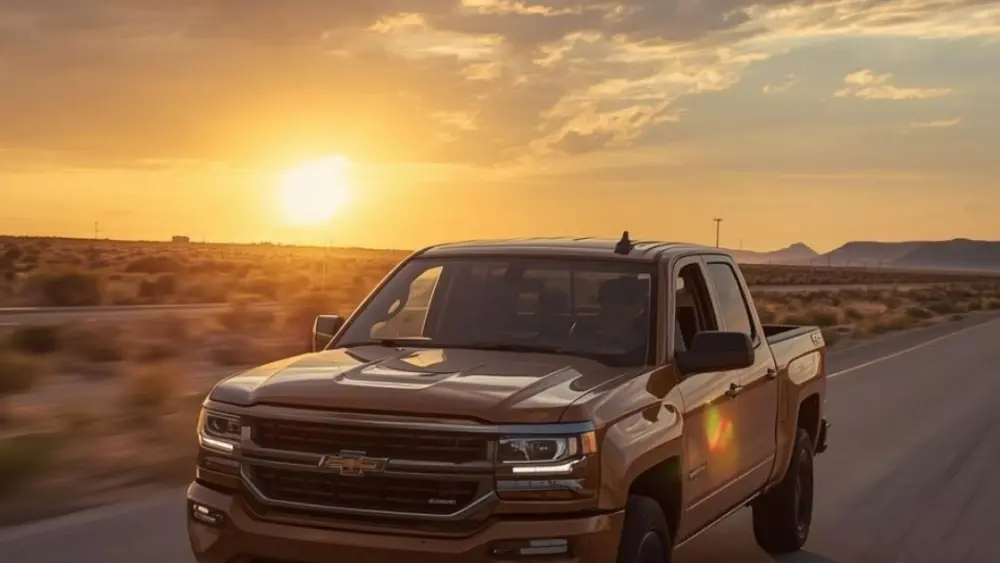 A pick up truck on a desert road.