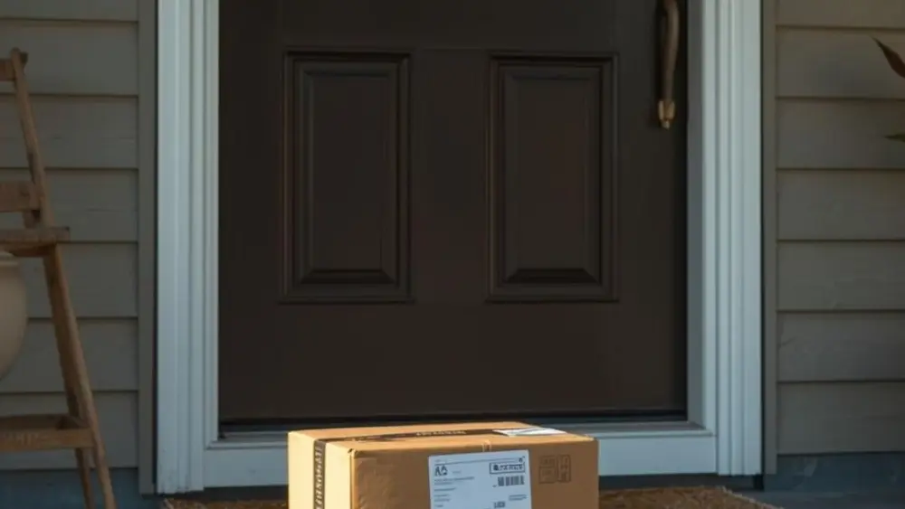 A package sitting on a doormat at a front door.