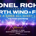 Concert promo graphic featuring Lionel Richie and Earth, Wind & Fire with a starry blue-and-purple stage-light background. Text reads “Sing a Song All Night Long – The Tour Continues,” with event details listing Phoenix, August 11, 2026 at Mortgage Matchup Center, presented by Live Nation.