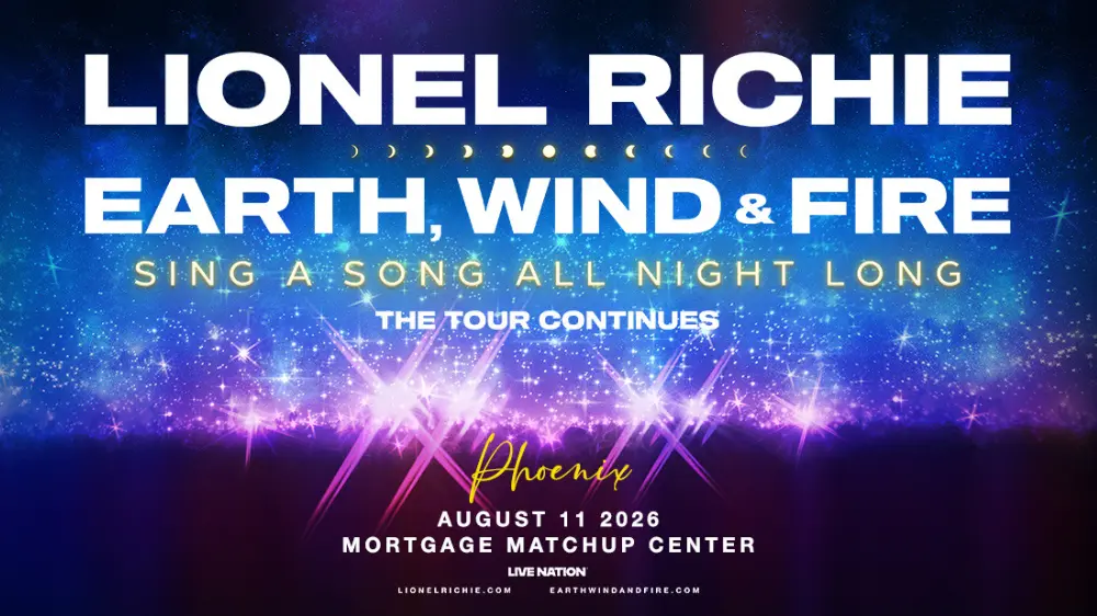 Concert promo graphic featuring Lionel Richie and Earth, Wind & Fire with a starry blue-and-purple stage-light background. Text reads “Sing a Song All Night Long – The Tour Continues,” with event details listing Phoenix, August 11, 2026 at Mortgage Matchup Center, presented by Live Nation.
