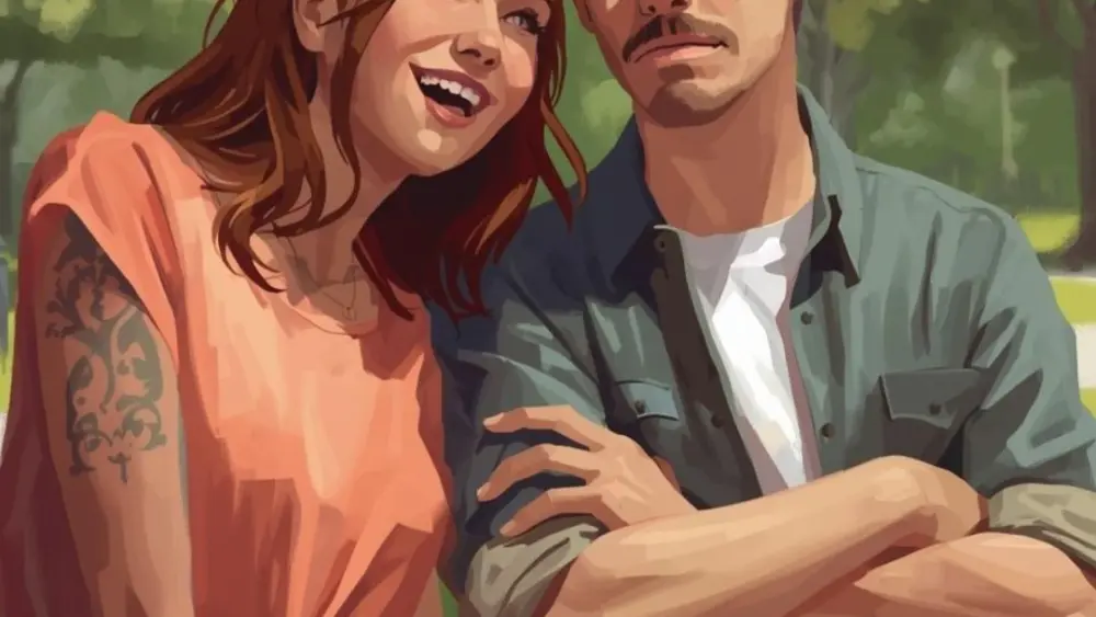 A cartoon couple where the girl is smiling and the guy is pouting.