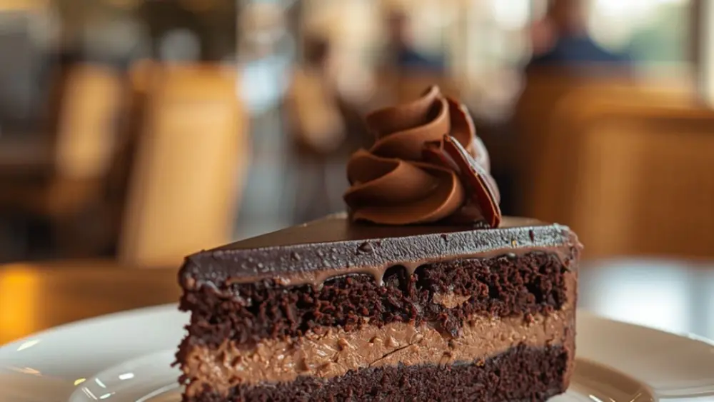 A piece of chocolate cake on a plate.