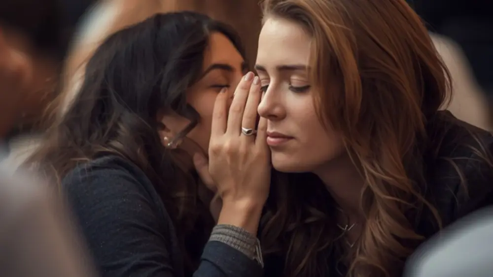 One woman whispering a secret to another woman.