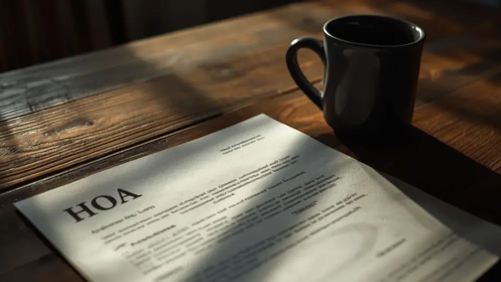 A letter sitting on a brown desk with coffee. The letter is from the HOA.