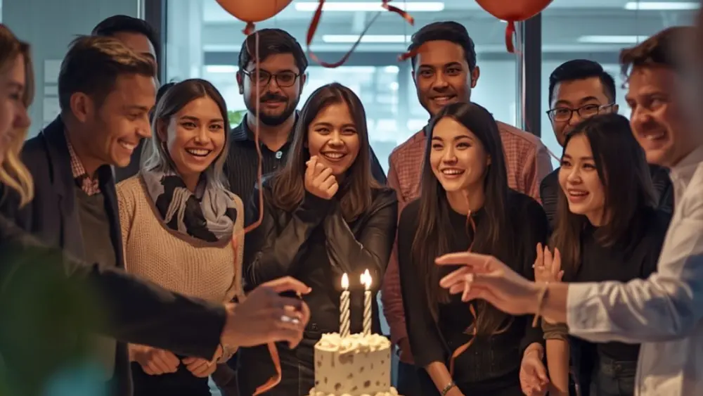 A group of people gathered around a cake celebrating a company birthday party.