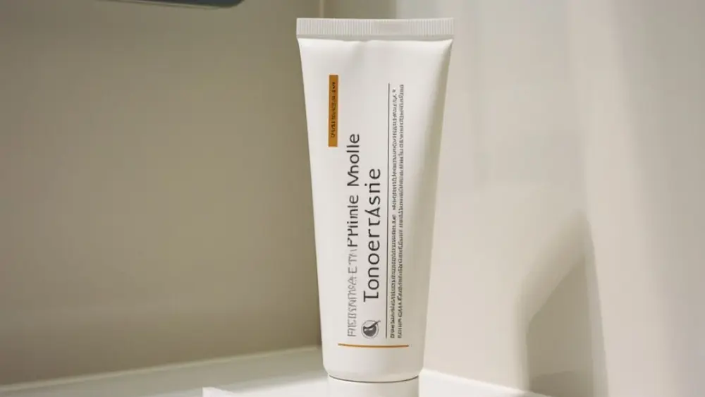 A tube of toothpaste and a toothbrush next to a sink on a counter in the bathroom.