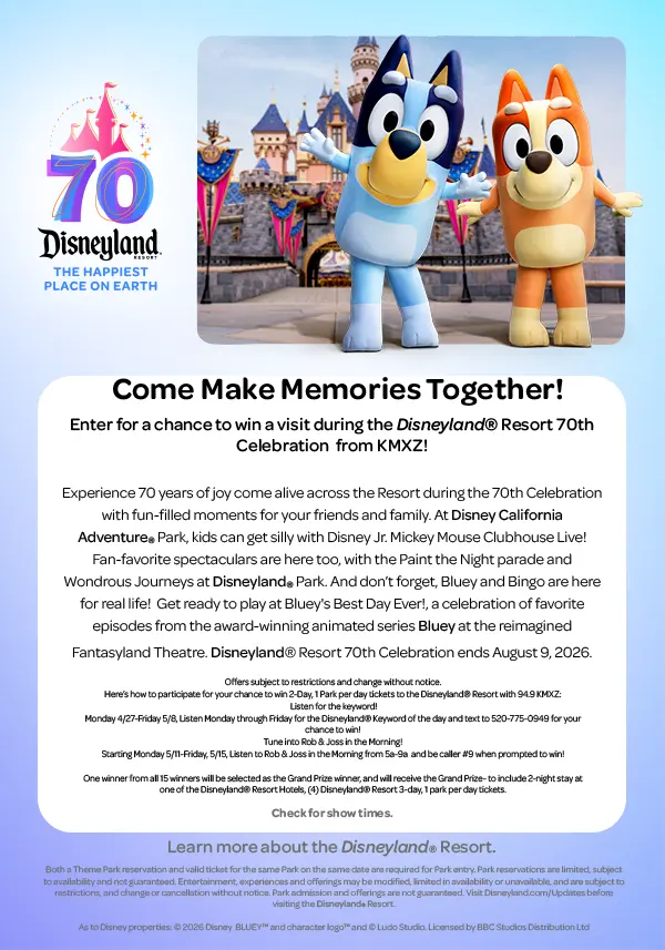 Disneyland Resort 70th Celebration contest graphic featuring Bluey and Bingo in front of the castle with prize entry details.