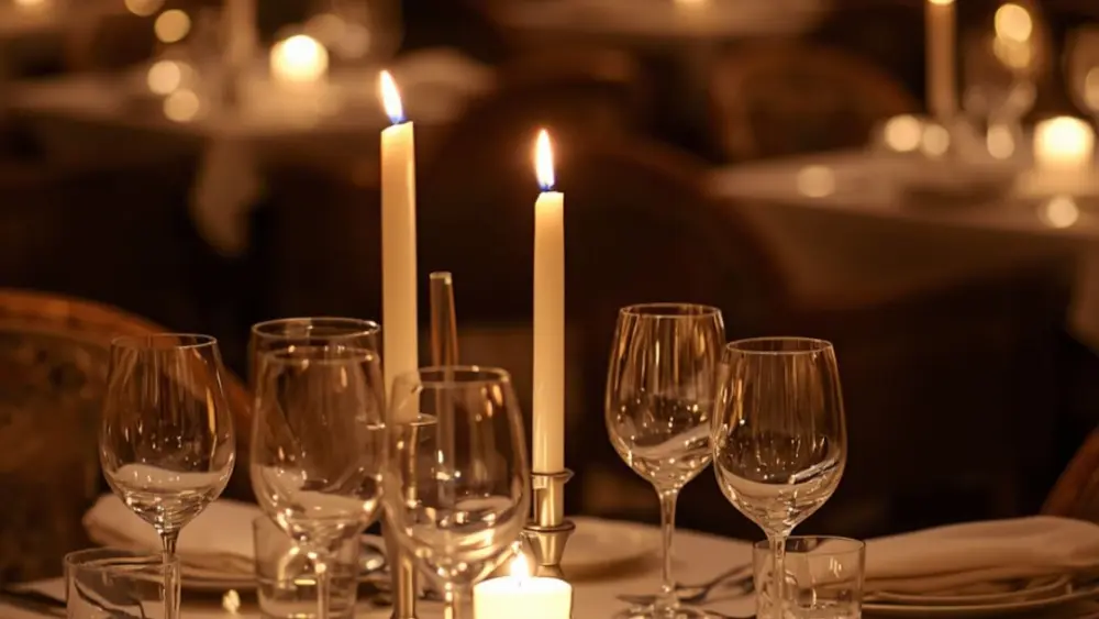 A romantic table at a darkened restaurant with candles.