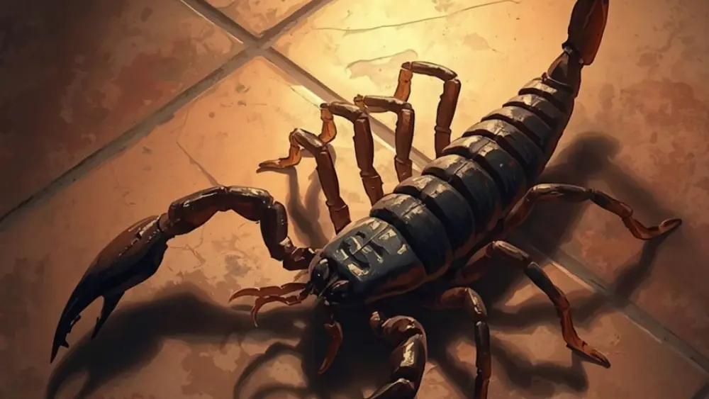 A large black scorpion on a tile floor.