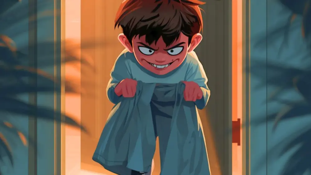 A sneaky kid sneaking around with pants.