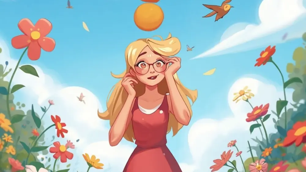 A blonde lady in a field of flowers with a question mark over her head.