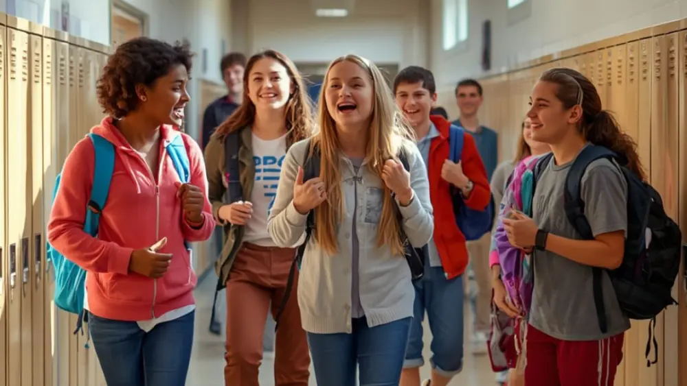High school kids laughing in the hallway.