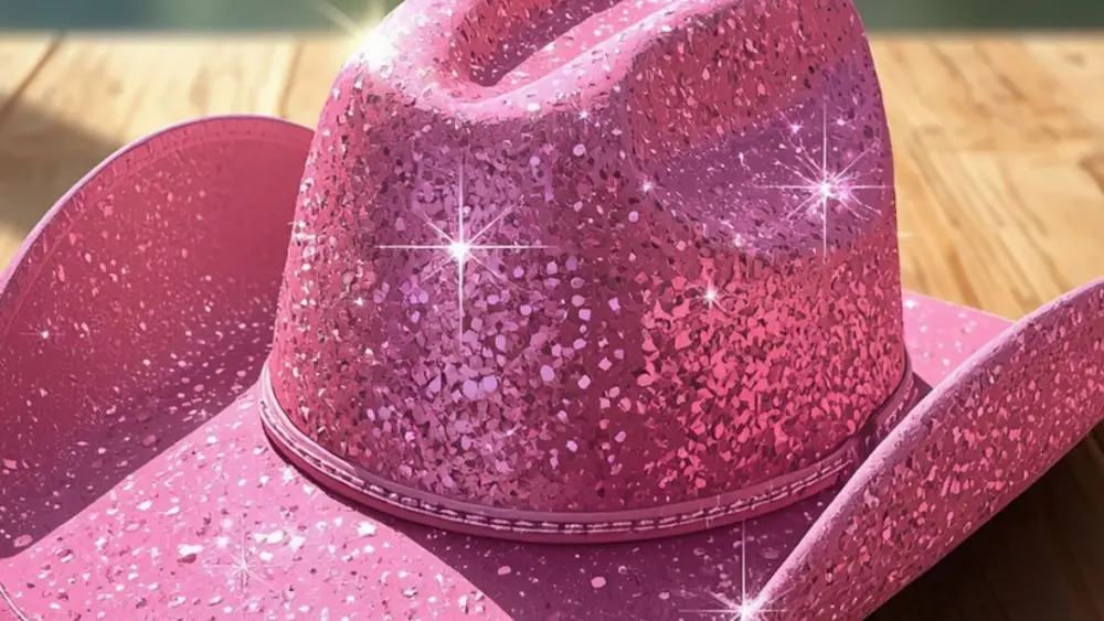 A sparkly pink cowgirl hat on a picnic table.