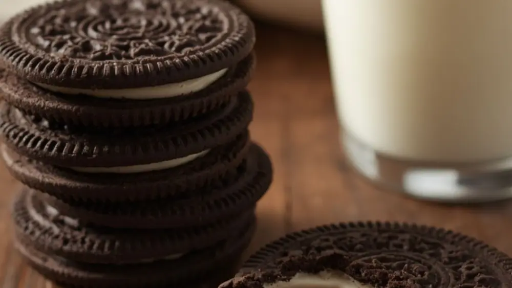 Oreo cookies on a table with a glass of milk.