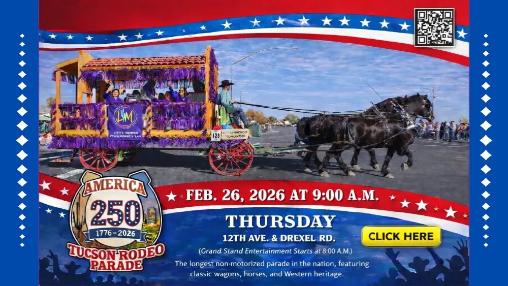 Horse-drawn wagon decorated in purple fringe carrying parade participants during the Tucson Rodeo Parade, with four black horses pulling the wagon down a city street. Event graphic highlights America’s 250th anniversary and reads “Tucson Rodeo Parade,” scheduled for February 26, 2026 at 9:00 a.m. at 12th Avenue and Drexel Road, with a patriotic red, white, and blue design and QR code in the corner.