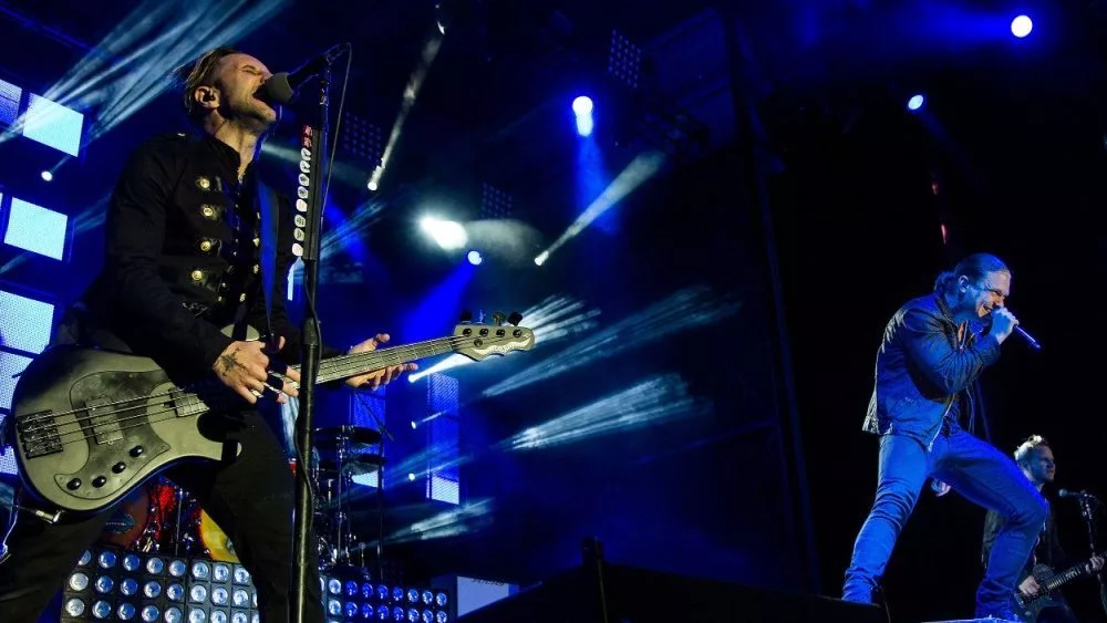 Brent Smith and Eric Bass with Shinedown perform live onstage at Rockstar Uproar Festival on September 25 2012 in Nampa^ Idaho.