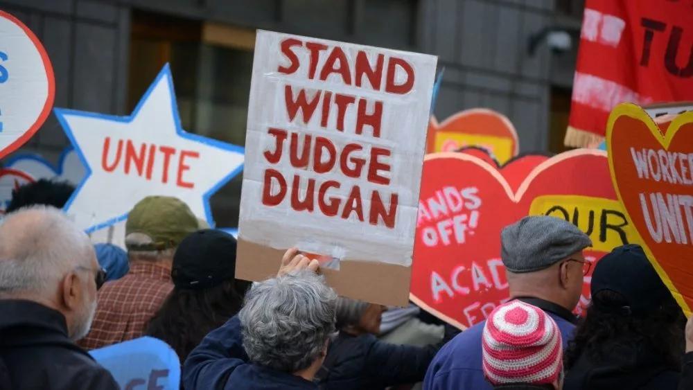 Sign in support of Milwaukee Judge Hannah Dugan at a May Day march for workers' rights in Lower Manhattan. NEW YORK^ NEW YORK USA - May 1^ 2025