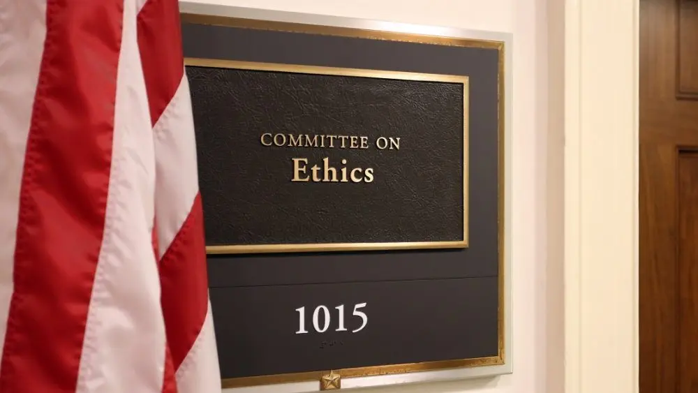 A sign at the entrance to a House Ethics Committee hearing room in Washington^ DC on July 18^ 2017. The House of Representatives is the lower chamber of the US Congress.