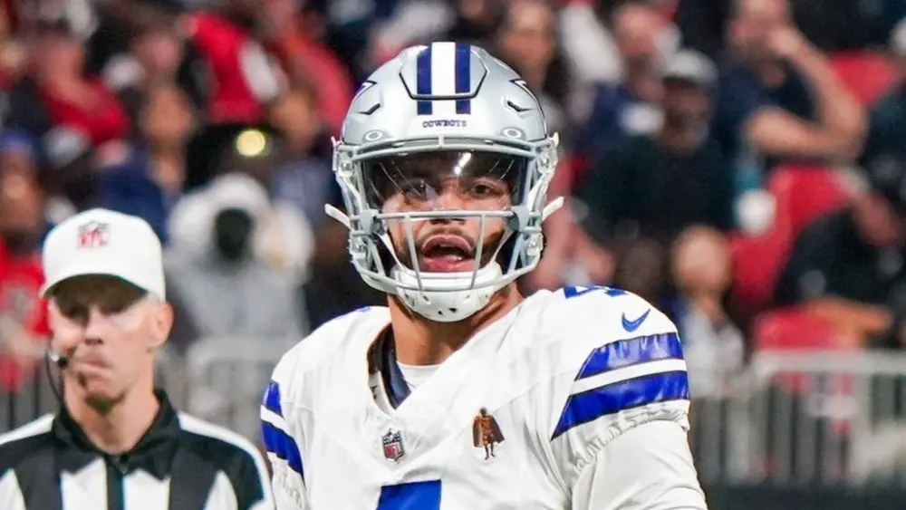 Dallas Cowboys quarterback Dak Prescott (4) looks to throw the ball against the Atlanta Falcons on November 3^ 2024 at Mercedes-Benz Stadium. ATLANTA^ GA-NOV 3
