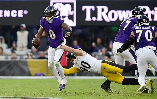 baltimore-md-ravens-quarterback-lamar-jackson-looks-downfield-to-pass-as-steelers-linebacker94941