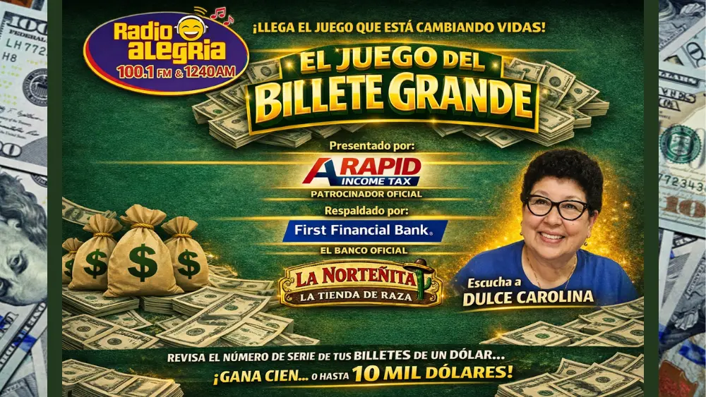 The Big Money Dollar Bill Game is back! Piles of cash sit at the bottom of a page with a green background. Sponsors are listed in the middle, with large golden text explaining the contest throughout.