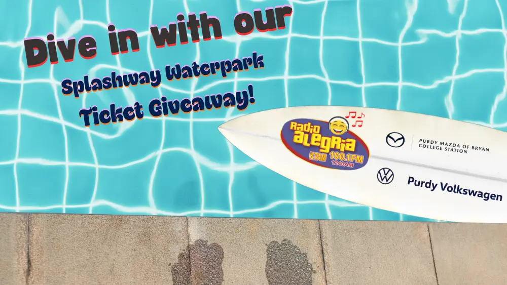 A promotional graphic for Radio Alegria's Splashway Waterpark Ticket Giveaway. A surfboard floats by in the pool, while wet footprints sit at the edge of the pool.