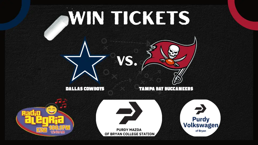 The slider graphic for Radio Alegria's ticket giveaway: win tickets to the Dallas Cowboys vs the Tampa Bay Buccaneers football game.