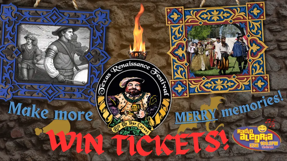 The slider graphic for the 2026 Texas Renaissance Festival. A dungeon wall with pictures of a renaissance festival sit behind the text.