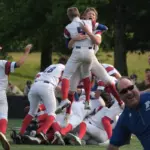 20250602-1abaseball-super-02: Pawnee players celebrate after defeating Waltonville-Sesser-Valier 5-4 in the 1A baseball super-sectional at Itchy Jones Stadium in Carbondale on Monday.